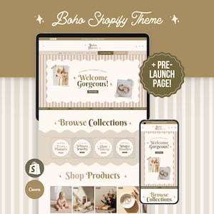 Peut inclure: Un affichage numérique d'un modèle de site web intitulé Boho Shopify Theme, présentant une mise en page à rayures beiges et blanches. L'interface comprend un en-tête Welcome Gorgeous, des cercles de collection et un aperçu mobile.