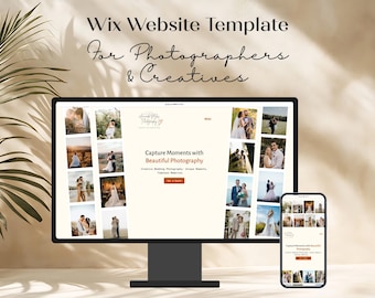 Plantilla de sitio web de fotografía Wix para fotógrafos de bodas / Diseño de portafolio editable / Diseño beige estético + Logotipos gratuitos en Canva