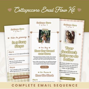 May include: A digital email marketing template set titled Cottagecore Email Flow Kit. The design features a soft beige and brown color palette with text elements including Enter the giveaway, How Our Brand was Born, and Your feedback helps us do better.