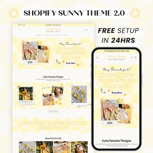 Gult Shopify-tema, solig webbmall för småföretag, söt e-handelsbutiksdesign med redigerbara Canva-webbanners, logotyp, OS 2.0
