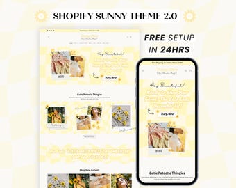 Yellow Shopify Theme, Sunny Website Template for Small Business, Cute Ecommerce Store Design with Editable Canva Web Banners, Logo, OS 2.0