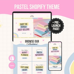 Puede incluir: Una visualización digital de un tema de Shopify Pastel que muestra el diseño de un sitio web en un monitor de escritorio y un teléfono móvil. La interfaz incluye texto como SHOP THE CUTEST BEST-SELLERS, BROWSE OUR COLLECTIONS y PRE-LAUNCH PAGE.