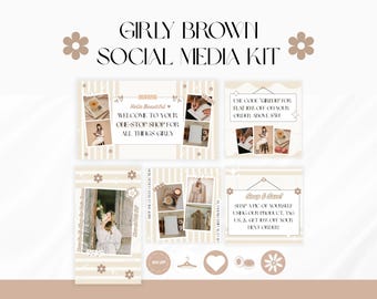 Girly Brown Social Media Kit, Cute Posts, Banners, Icons, Editable Canva Template Set for Small Biz, Facebook, Instagram, YouTube, Pinterest
