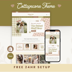 Puede incluir: Un diseño de plantilla web con vista de escritorio y móvil en tonos beige y verde oliva. El diseño incluye el texto Cottagecore Theme, The Cutest Stuff Ever y Free 24hr Setup, junto con varios marcadores de posición para imágenes.