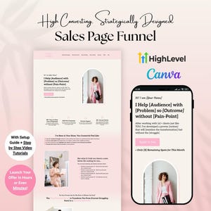 May include: A digital marketing sales page funnel design with the text "High Converting. Strategically Designed Sales Page Funnel." The design includes a website layout, a mobile phone mockup, and the HighLevel and Canva logos.