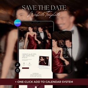 以下が含まれることがあります： Canva用のデジタルSave the Dateウェブサイトテンプレート。モバイルおよびタブレットインターフェースを備えています。デザインには、フォーマルな服装の結婚式のカップル、Ashley & Justinというテキスト、ワンクリックでカレンダーに追加できるシステム機能が表示されています。