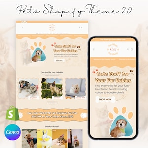 Könnte beinhalten: Ein Website-Design für einen Tierladen, das in einer Desktop- und Mobilansicht dargestellt wird. Das Design hat ein hellorangefarbenes und weißes Farbschema mit Bildern von Hunden und Katzen. Der Text enthält "Cute Stuff for Your Fur Babies".