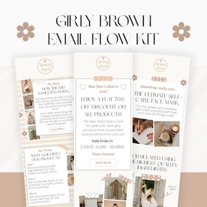 Könnte beinhalten: Girly Brown E-Mail-Flow-Kit in hellbraun und weiß. Das Design zeigt drei vertikale Tafeln mit Text und Bildern, die Produkte und einen Neujahrsverkauf bewerben. Der Text enthält "The Ultimate Self-Care Face Mask" und Details zur Marke.