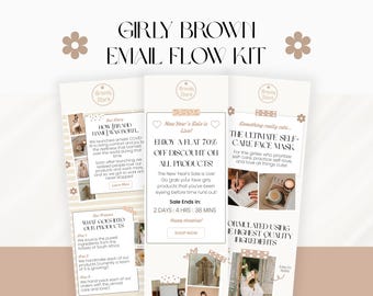 Girly Email Flow Kit, Cute Editable Brown Canva Template Bundle for Klaviyo, FloDesk, Mailchimp, Feminine Small Biz Marketing Pack of 10
