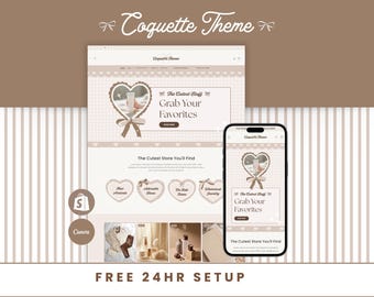 Coquette Shopify Theme, Pretty Brown Website Template for Small Business, Cute Playful Shop Setup Kit with Editable Canva Template Set