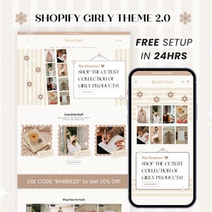 May include: A Shopify website design with a girly theme, displayed on a desktop and mobile device. The design uses a soft, neutral colour scheme with floral accents and the text "Shop the Cutest Collection of Girly Products!" and "Free Setup in 24hrs".