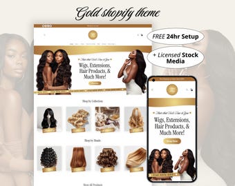 Luxury Shopify Hair Theme, Light Gold Website Template for Small Wig, Extension, Self Care Business, Ecommerce Web Design Canva Bundle