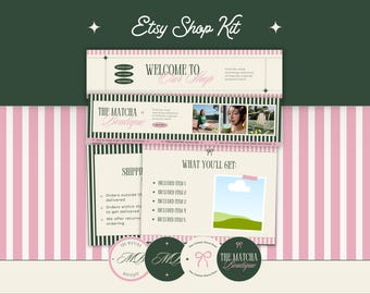 Matcha Pink Etsy Shop Kit, Girly Editable Canva Template Bundle for Small Business, Feminine Store Pack with Shop Icons, Banners, & More