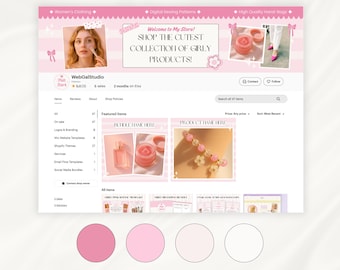 Girly Etsy Shop Kit, Pink Store Branding Bundle with Editable Canva Design Banner Templates, Product Listing Photos, Videos Mockups, Icons