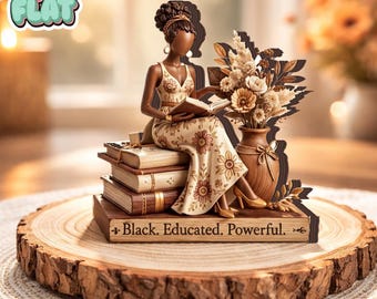 Elegant African Woman Reading 2D FLAT Wooden Block, Black Educated Powerful Decor, Book Lover Gift, African Art, Literary Home Decor