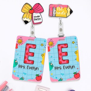 Porte-badge personnalisé pour enseignant, joli porte-carte d'identité en cuir avec clip, étiquette d'identification personnalisée avec étoile arc-en-ciel et smiley pour la rentrée scolaire