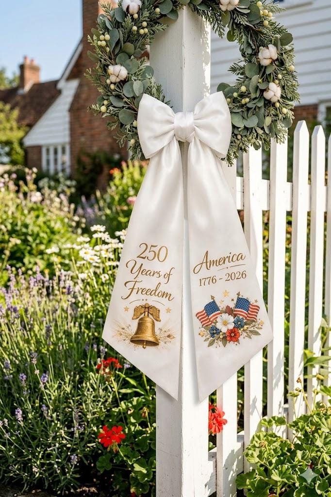 Discover 250 Years of Freedom Wreath Sash 1776-2026 Liberty Bell Patriotic Door Decor America Semiquincentennial White Sash Bow