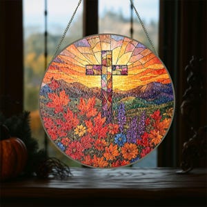 Stained Glass Cross And Wildflowers Suncatcher Christian Glass Window Hanging Flower Cross Gift For Religious Easter Faith Cross Home Decor