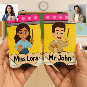 Benutzerdefinierte Foto Lehrer Ausweishalter, personalisierte Cartoon Portrait Ausweishalter mit Namen, einzigartiges Geschenk für das Klassenzimmer, benutzerdefiniertes Bild Schlüsselband