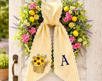 Letni wianek ze słonecznikiem cytrynowym, spersonalizowana kokarda, inicjał, dekoracja drzwi wejściowych, kwiatowy wianek z cytrusów, wiosenno-letni wieszak na drzwi, prezent
