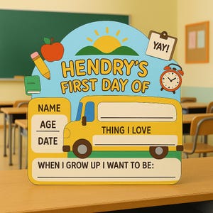 Panneau premier jour d'autobus scolaire pour enfants - Tableau suspendu personnalisé pour la rentrée des classes - Accessoire photo réutilisable effaçable à sec