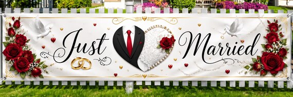 Just Married Banner, Wedding Ceremony Front Yard Sign, Wedding Banner for Outside Inside, Honeymoon Bridal Shower Party Decoration Supplies