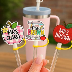Teacher Name Straw Tags Set Personalized Acrylic Apple Pencil Cup Marker for Back to School Gift Custom Teacher Appreciation Accessories