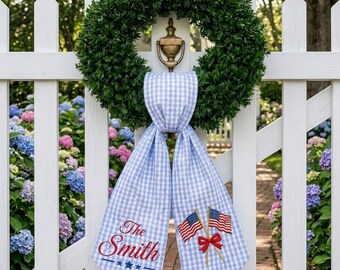 Custom Patriotic Wreath Sash 2026 Personalized Family Name Gingham Door Decor American Flag Embroidery Summer Front Porch Decoration