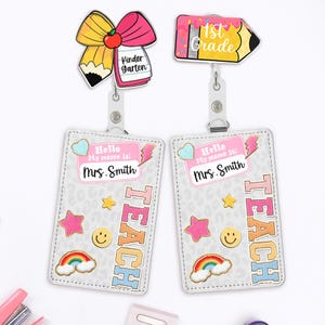 Porte-badge personnalisé pour enseignant, joli porte-carte d'identité en cuir avec clip, étiquette d'identification personnalisée avec étoile arc-en-ciel et smiley pour la rentrée scolaire