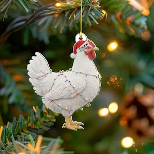Personalized Chicken Christmas Ornament Custom Name, White Hen Farm Animal Gift, Funny Poultry Lover Holiday Decor