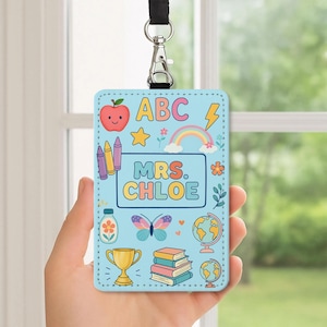 Distintivo identificativo personalizzato per insegnanti, etichetta con nome ABC blu con icone scolastiche / simpatico cordino per la classe / regalo per il ritorno a scuola per insegnanti