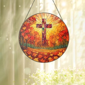 Stained Glass Cross And Wildflowers Suncatcher Christian Glass Window Hanging Flower Cross Gift For Religious Easter Faith Cross Home Decor