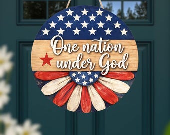 Patriotic One Nation Under God Door Sign 2026, Rustic American Flag Wreath, 4th Of July Decor, Front Door Hanging, Farmhouse USA Decor