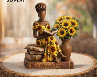Bloque de madera personalizado con diseño de mujer negra leyendo, girasol, decoración, letrero negro educado y poderoso, arte afroamericano para el hogar y la oficina.