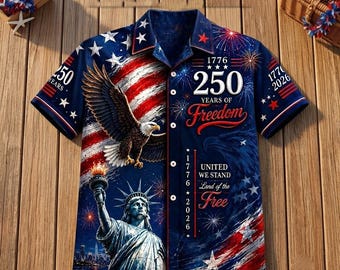 USA 250th Anniversary Mens Hawaiian Shirt, Retro American Flag Button Down, Patriotic 1776-2026 Independence Day Apparel