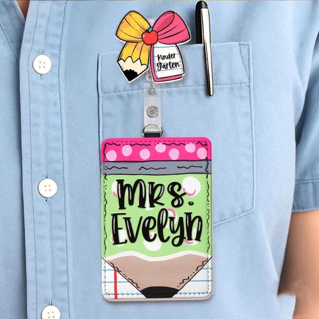 Personalized Teacher Badge Holder Cute Leather ID Holder with Clip Rainbow Star Smiley Design Custom Name Tag for Staff Back To School