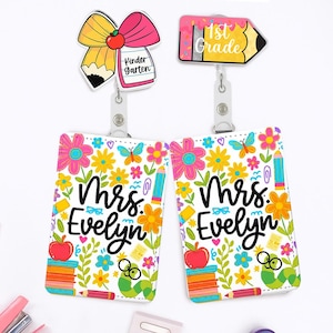 Porte-badge personnalisé pour enseignant, joli porte-badge en cuir à clip, étoile arc-en-ciel, smiley, étiquette personnalisée pour le personnel, retour à l'école, belle journée