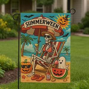 Summerween Garden Flag – Funny Halloween Summer Skeleton Decor, Cute Pumpkin Ghost, Beach Vibes Yard Decoration, Spooky Fun Outdoor