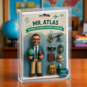 May include: A boxed "Mr. Atlas" figurine set. The figurine is of a man holding a globe and a book. The set includes miniature explorer's tools like a telescope, camera, and backpack. The packaging reads "Inspiring Explorers, Shaping Tomorrow."
