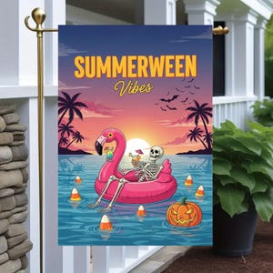 Summerween Garden Flag, Halloween Flamingo Flag, Skeleton Pool Decor, Funny Yard Flag, Spooky Summer Flag, Outdoor Halloween Vibes