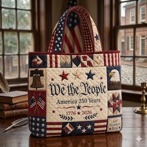 Könnte beinhalten: Eine gesteppte Tragetasche mit patriotischem Motiv in den Farben Rot, Weiß und Blau. Auf der Vorderseite steht der Text We the People, America 250 Years und 1776-2026, ergänzt durch Bilder der Liberty Bell, eines Weißkopfseeadlers und US-Flaggen.