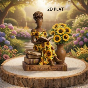 May include: A decorative figurine of a woman in a yellow sunflower print dress reading a book, seated on a stack of books. A vase of sunflowers sits beside her. The base of the figurine reads "Black. Educated. Powerful."