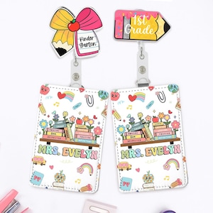 Porte-badge personnalisé pour enseignant, mignon porte-carte d'identité en cuir à clip, étoile arc-en-ciel, smiley, étiquette personnalisée pour la rentrée du personnel