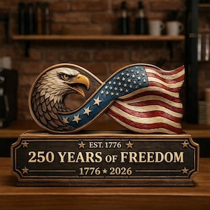 May include: A wooden sculpture featuring an eagle's head intertwined with an American flag in a figure-eight design. The base reads "EST. 1776" and "250 YEARS OF FREEDOM 1776 * 2026". The sculpture is brown, red, white, and blue.