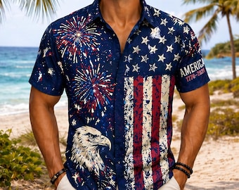 4th of July Hawaiian Shirt Men Patriotic American Flag Shirt Fireworks Eagle Shirt Independence Day Outfit Summer Beach Shirt USA 1776 2026