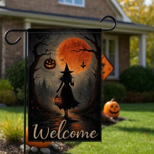 Witch Halloween Garden Flag with Pumpkin Lantern and Blood Moon, Spooky Welcome Yard Decor, Gothic Fall Outdoor Sign for Haunted House Vibes