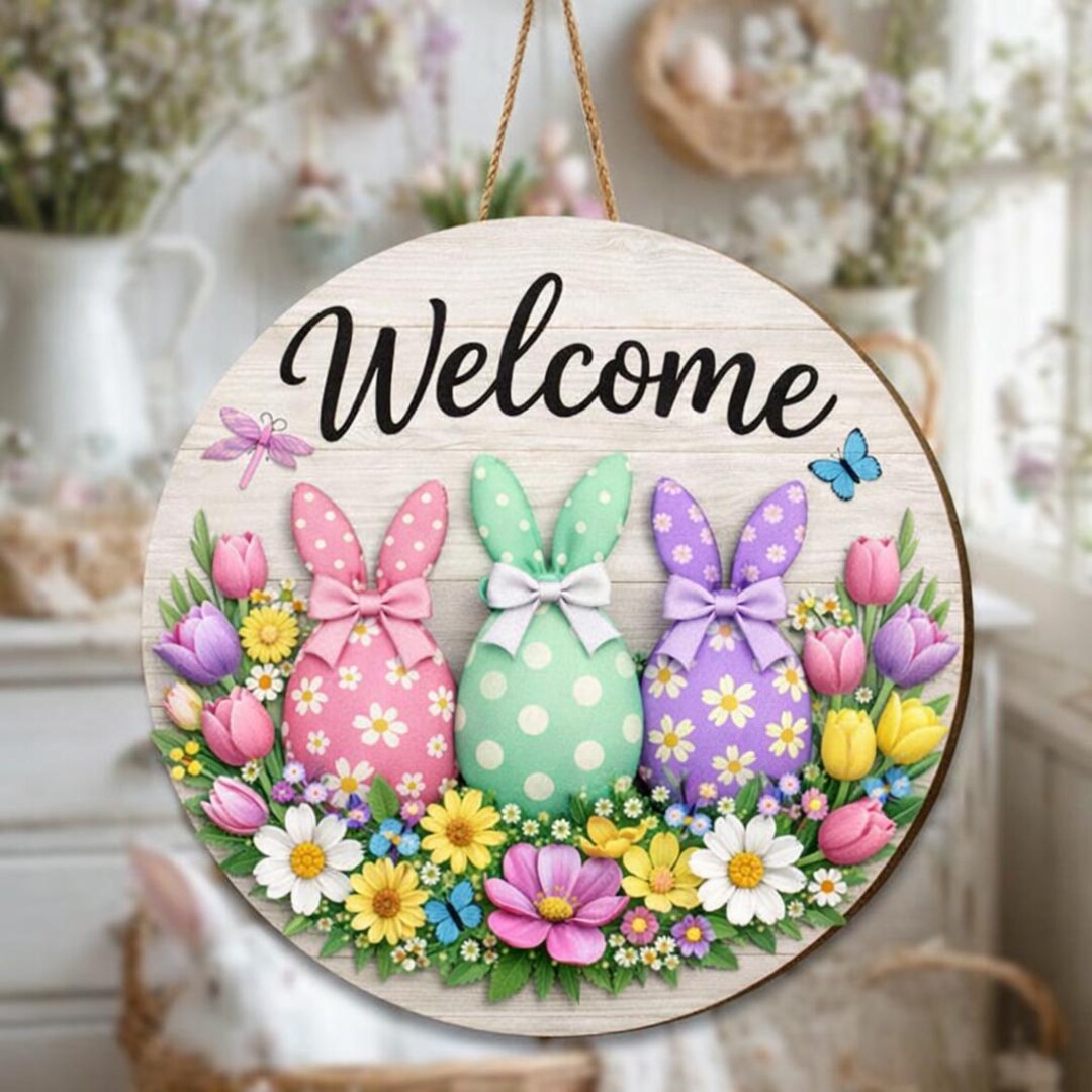Easter Welcome Sign Bunny Door Hanger Spring Floral Wreath Front Door ...
