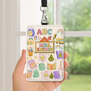 Porta badge personalizzato per insegnanti, simpatico porta badge con icone scolastiche / cordino colorato per la classe / regalo per insegnanti per il ritorno a scuola