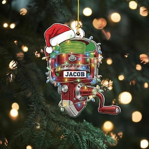 Adorno personalizado de carrete de pesca, regalo personalizado para pescador, decoración navideña de pesca, adorno para pescador, regalo para papá, adorno para aficionado a la pesca