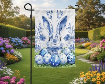 Blue & White French Floral Toile, Easter Bunny Design, Welcome Flag, Garden Flag for Yard or Porch Durable Weather Customizable Double-Sided